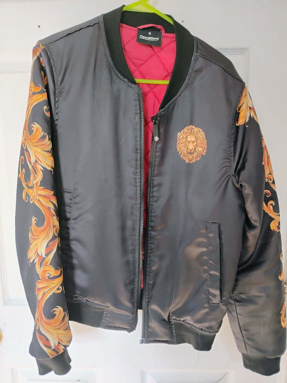 Lion Crest Black Bomber Jacket with Gold Baroque Sleeves